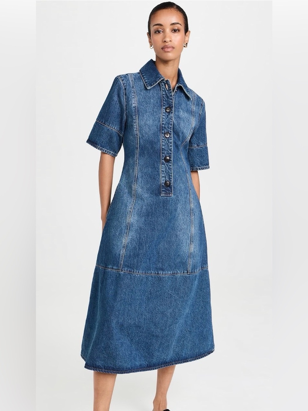 CO Half-Placket Short-Sleeve Denim Mini Shirtdress Sz. S